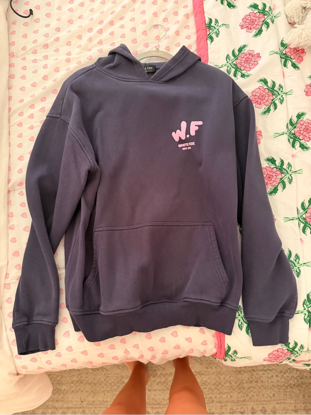 White fox Logo Hoodie in Navy with Pink Print